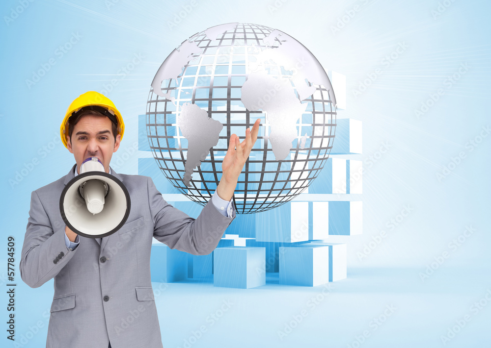 Poster Composite image of architect with hard hat shouting with a megap