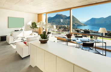 Modern house in cement, interiors, view from the living room