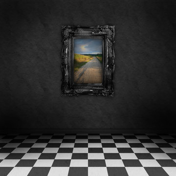 Wonderland magic illustration room with black and white floor