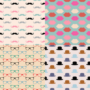 Vector Hipster Seamless Patterns, lips, glasses, mustaches, hats