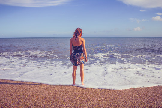 Rear view of young woman standing on beach looking at sea