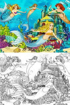 The ocean and the mermaids - coloring page