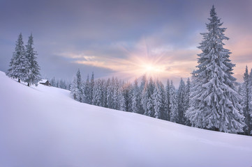 Beautiful winter landscape in the mountains. Sunset