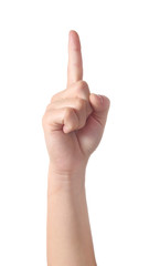 Symbol ideas. Hand showing his forefinger, isolated on white bac