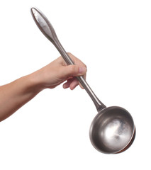 Hand holds a ladle (kitchen spoon), isolated on white background