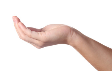 Hand takes something, isolated on white background