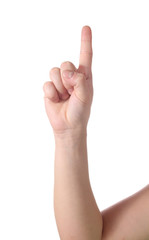 Symbol ideas. Hand showing his forefinger, isolated on white bac