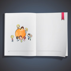 Kids around orange printed on book.