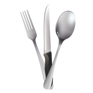 Realistic knife, fork and spoon over white