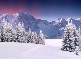 Fototapeta na wymiar Piękny zimowy krajobraz w górach. Wschód słońca