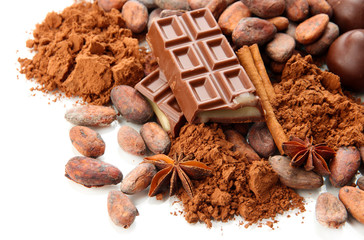 Composition of chocolate sweets, cocoa and spices, isolated