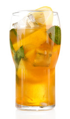 Iced tea with lemon and mint isolated on white