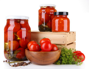 Tasty canned and fresh tomatoes, isolated on white