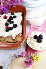 Cheese casserole with raisins in pan
