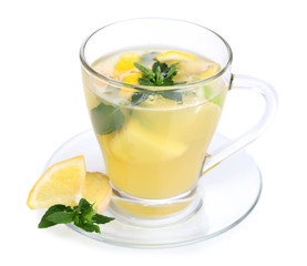 Cup of tea with ginger isolated on white