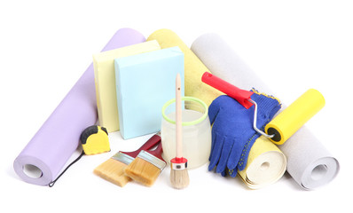 Wallpaper and accessories for glue wallpaper, isolated on white