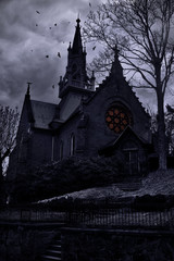 Ancient frightening church in twilight