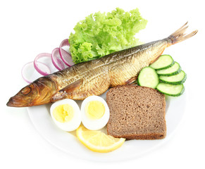 Smoked fish on plate isolated on white