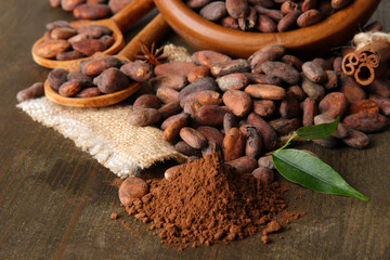 Cocoa beans in bowl, cocoa powder and spices