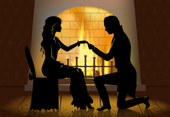 Romantic proposal near fireplace