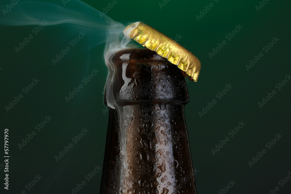 Canvas Prints top of open wet beer bottle on dark background