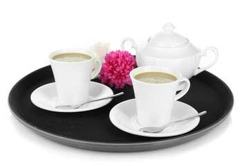 Cups of coffee on tray isolated on white