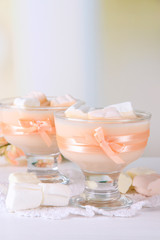 Tasty yogurt with marshmallows, close up