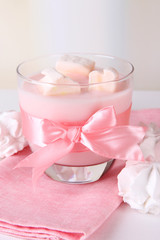 Tasty yogurt with marshmallows, close up