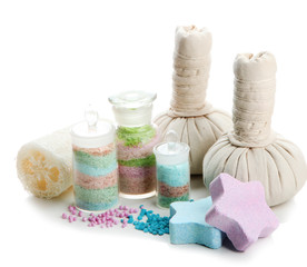 Aromatic salts in glass bottles and herbal compress balls for