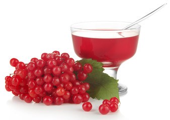 Red berries of viburnum and bowl with jam isolated on white