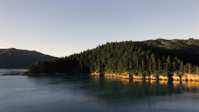 Forested coastline and calm water, view from a ferry
