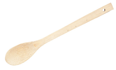 Close-up top view of wooden spoon isolated over white
