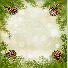 Fototapeta premium Frame made of christmas tree branches with pine cones. Vector.
