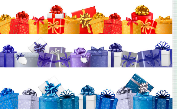 Set of shopping banners with gift colorful boxes with bow and ri