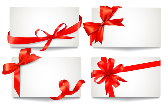 Set of beautiful gift cards with red gift bows with ribbons Vect