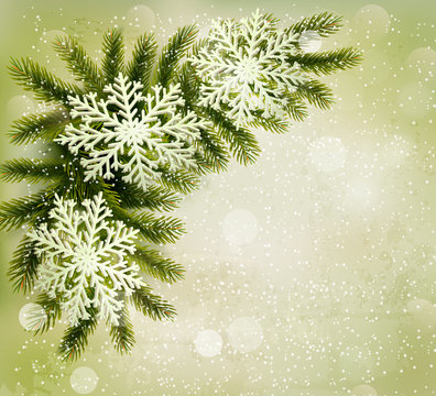 Christmas retro background with christmas tree branches and snow