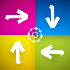 Vector paper arrows on violet, blue, yellow, green background