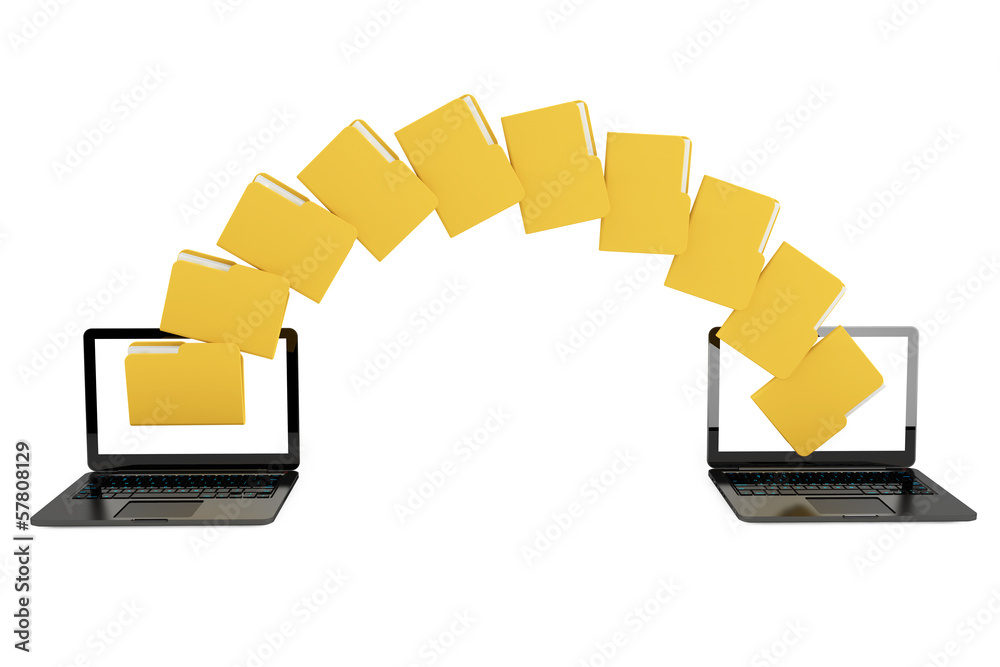 Leinwandbilder two laptop computers with folders transferring between each othe
