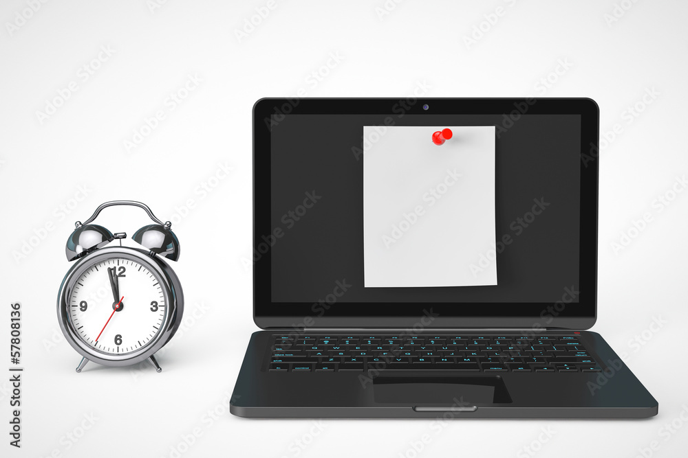 Poster alarm clock with laptop computer and blank note paper