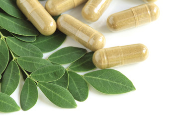 Moringa oleifera capsule with green fresh leaves on white backgr