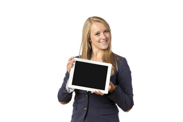 Blond woman with tablet computer
