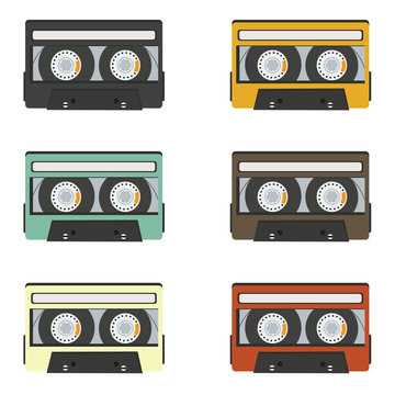 collection of retro audio tapes isolated on white background