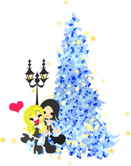 青い大きなクリスマスツリーの下でデートする男女。
