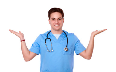 Charming male nurse holding out his palms