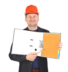 Worker in hard hat with opened folder.