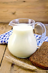 Obraz na płótnie Canvas Milk in a jug with rye bread and a blue cloth