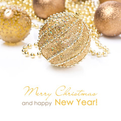 composition with different golden Christmas balls, isolated