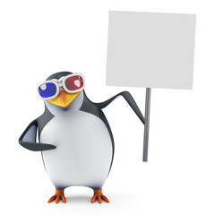 Penguin in 3d glasses with placard