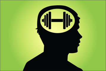 Dumb bells in man's head. Cocept vector on green background