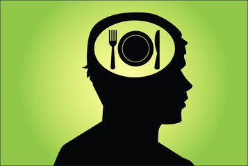 fork dish and knife in man's head.